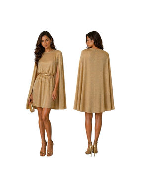 Calvin Klein Gold Cape Sleeve Dress Size 8 Metallic Belted Cocktail Party